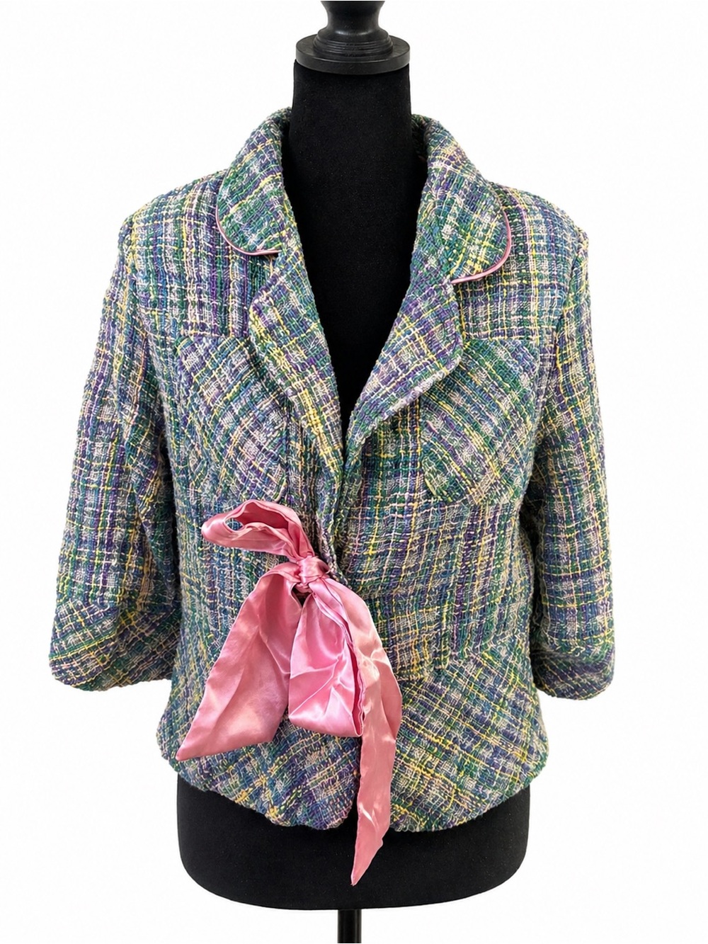 Multicolored Tweed Blazer with Pink Satin Sash Size M